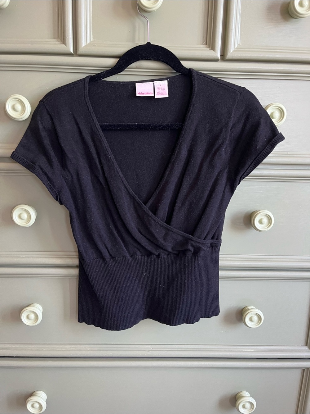 Xhilaration Black Short Sleeve Wrap-Front Knit Top
